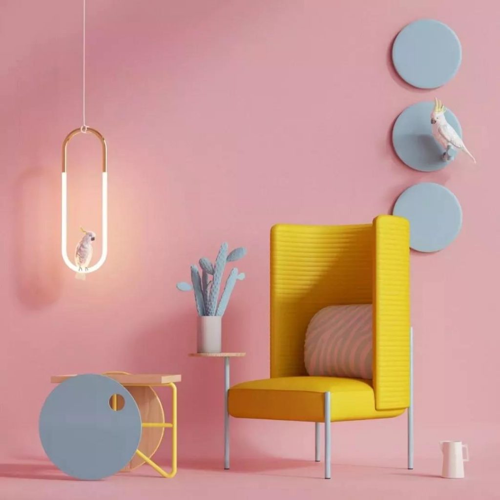 粉色牆和黃色椅子室內設計配色